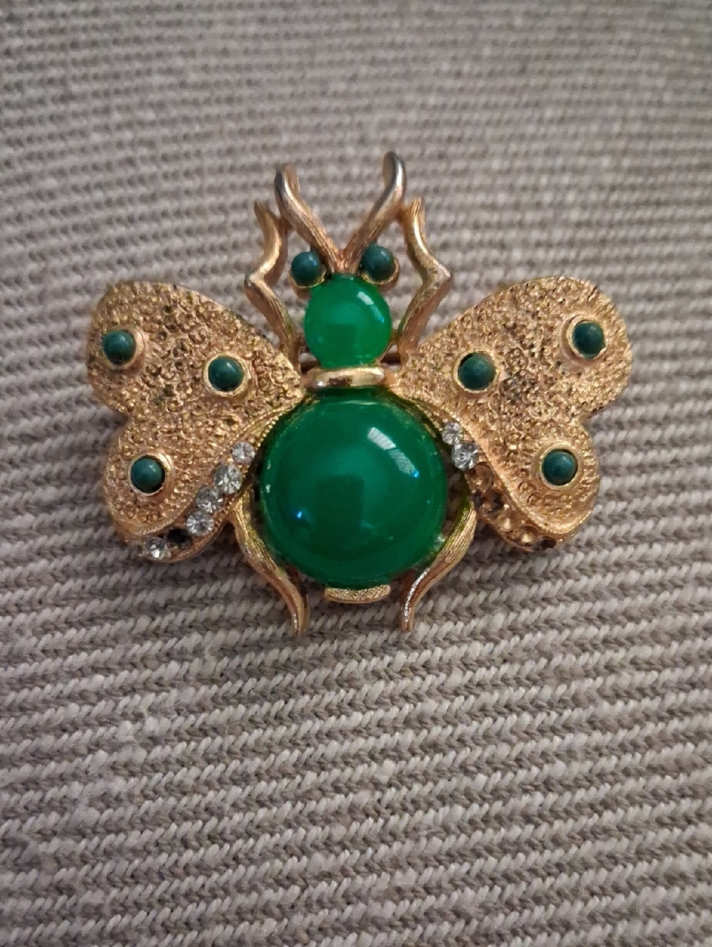 Vintage Gold-Tone Bee Brooch with Green Cabochons